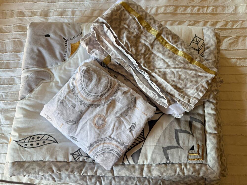 The Peanutshell Crib Set Elephant Theme 100% Cotton White Gray Gold